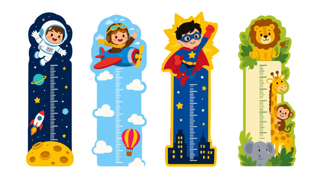 Cartoon growth chart rulers with space, aviation, superhero and jungle themes