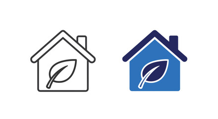 Naklejka premium Eco friendly house leaf building icon: Glyph and solid icon set - Icon vector - logo icons. Blue, Black and white icons