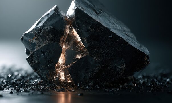 Close-up of fractured mineral with reflective interior