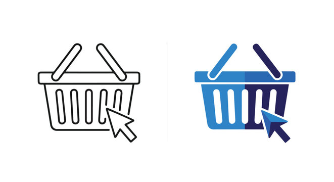 Shopping basket with mouse cursor icon: Glyph and solid icon set - Icon vector - logo icons. Blue, Black and white icons