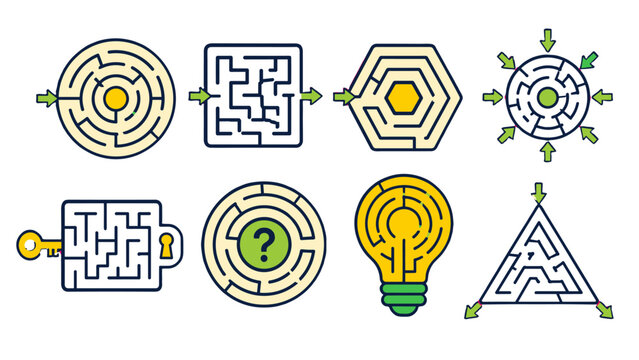 Set of maze puzzle icons with circular, square, and hexagon shapes