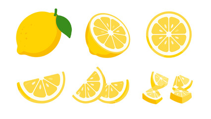 Obraz premium Set of lemon whole fruit and sliced pieces vector illustration