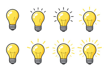 Set of glowing yellow light bulb icons in cartoon vector style © icon_art