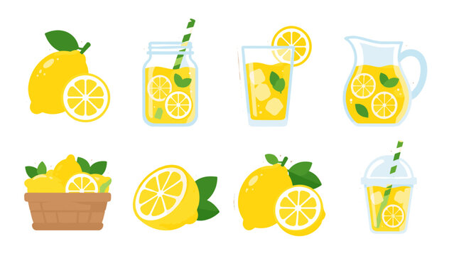 Set of colorful lemon and lemonade sticker style vector icons