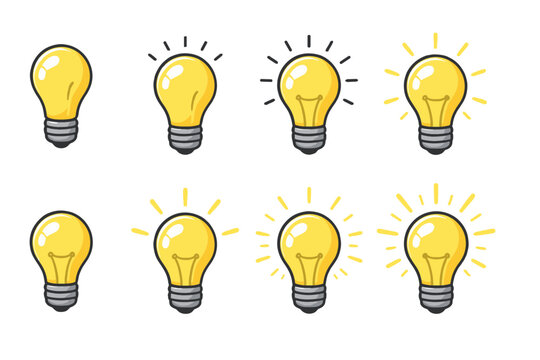 Set of glowing yellow light bulb icons in cartoon vector style