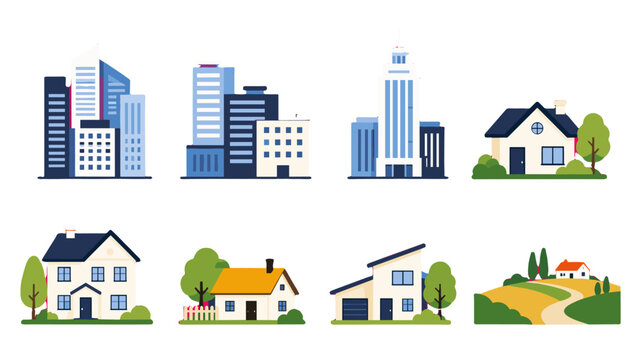Set of city buildings, houses and countryside landscape icons