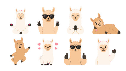 Obraz premium Cute llama cartoon character set with different poses and gestures