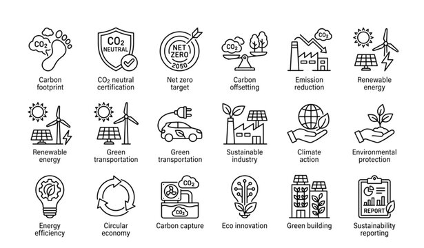 Carbon footprint and net zero outline icon set with CO2 neutral sustainability symbols