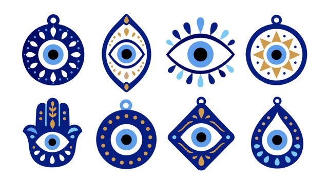 Set of blue evil eye amulet ornaments and hand symbols