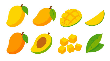 Obraz premium Set of mango fruit pieces and leaves in flat vector style