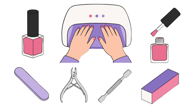 Manicure tools and nail polish set with UV lamp vector