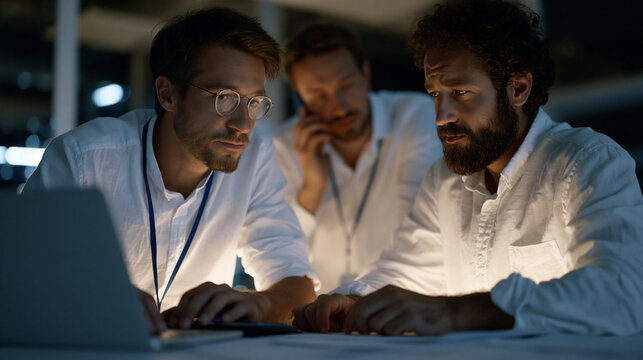 IT team huddled around server room floor surrounded by ransomware attack forensic printouts at 3am, one technician typing recovery commands while another talks to insurance