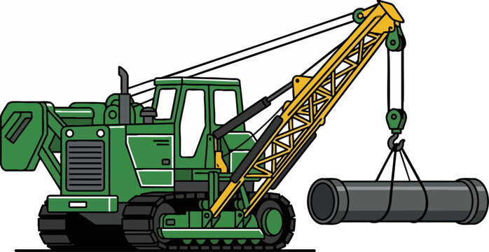 Side-layer crawler crane lifting heavy industrial pipe illustration