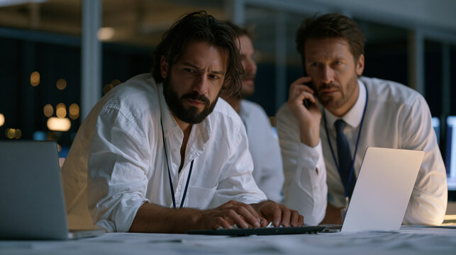 IT team huddled around server room floor surrounded by ransomware attack forensic printouts at 3am, one technician typing recovery commands while another talks to insurance