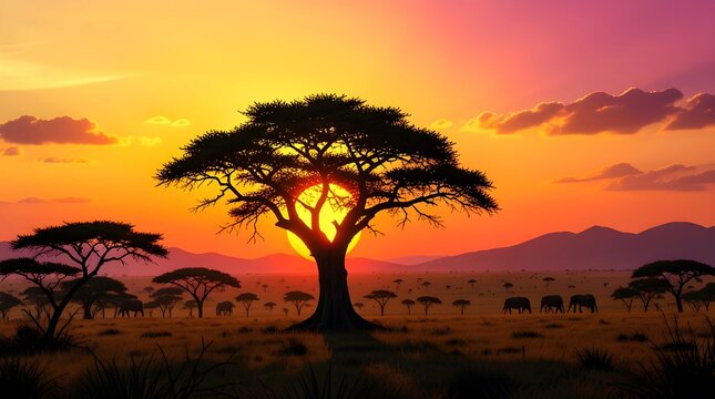 An ancient tree and distant elephants are silhouetted against a vibrant, colorful savanna sunset.