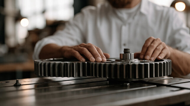 Entrepreneur pressing two mechanical gear halves together at a heavy industrial workbench, the interlocking teeth aligning perfectly under task lighting, representing business