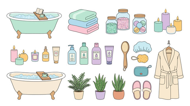 A serene collection of bathroom essentials, including bathtubs, towels, candles, lotions, and plants for a relaxing spa experience at home