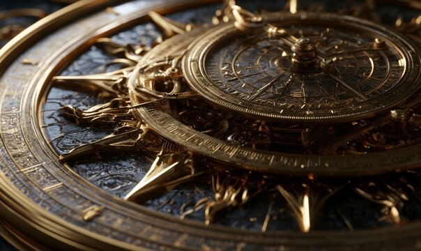 Close-up of ornate, golden astrolabe