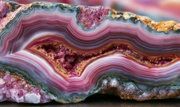 Close-up of colorful agate geode slice with layered mineral formations