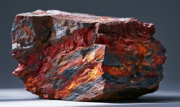 Close-up of a vibrant mineral rock, showing rich red and dark bands