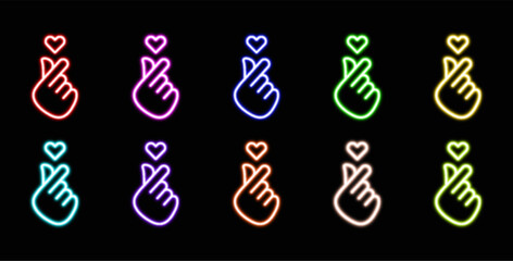 Set of neon finger heart signs, Korean love gesture, glowing, colorful hand icons. Vector © ZHD Studio
