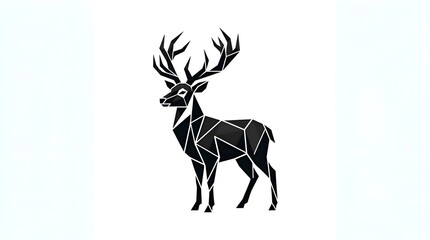 Naklejka premium Geometric deer silhouette illustration, black low poly stag with large antlers vector art on white background.