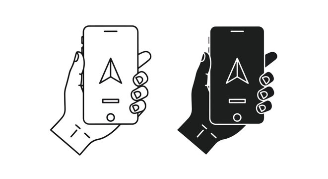 Hand holding smartphone with map icon: Glyph and solid icon set - Icon vector - logo icons. Blue, Black and white icons
