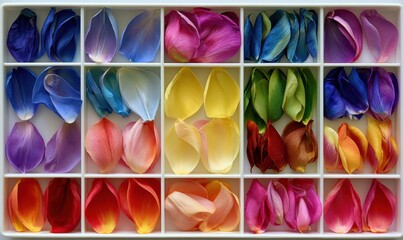Fototapeta premium Variety of rose petals organized by color
