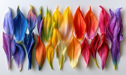 Fototapeta premium Dried flower petals in rainbow gradient, arranged neatly on white surface