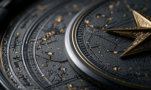 Detail of vintage astronomical instrument with brass star and star map