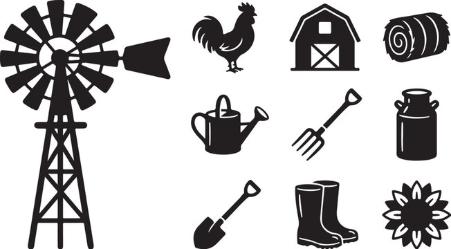 Farm Icons and Tools Silhouette Vector Graphics Set