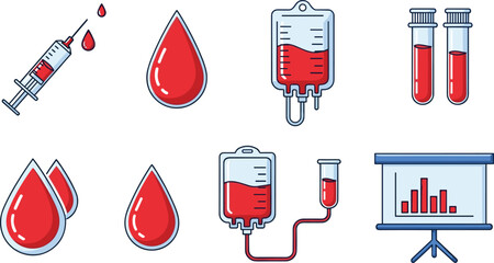 Medical blood illustration set with syringe transfusion bag and test tube designs, decorative artwork vector element for healthcare, donation, and laboratory design © MD Tariful islam