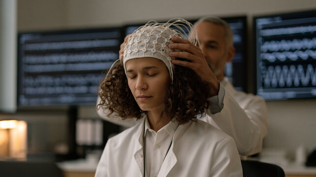 Neuroscience researcher adjusting electrodes on volunteer scalp inside softly lit university lab, mirror neuron empathy study underway, wall-mounted data screens showing