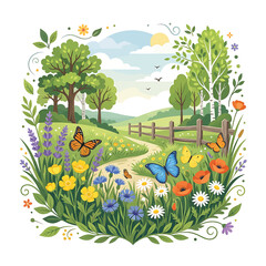 Obraz premium Colorful butterflies and wildflowers landscape scene.