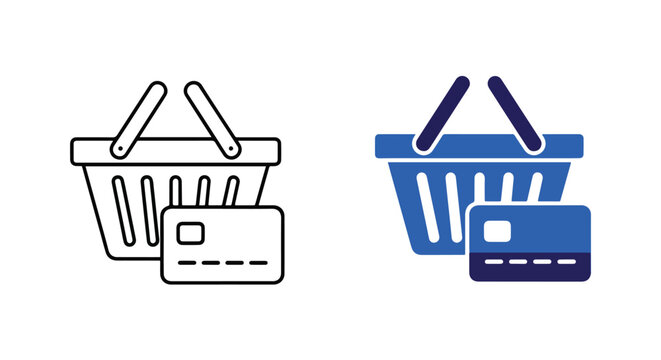 Shopping basket icon with credit card: Clipart, sticker - icon set - Line and glyph solid icon and logo template 