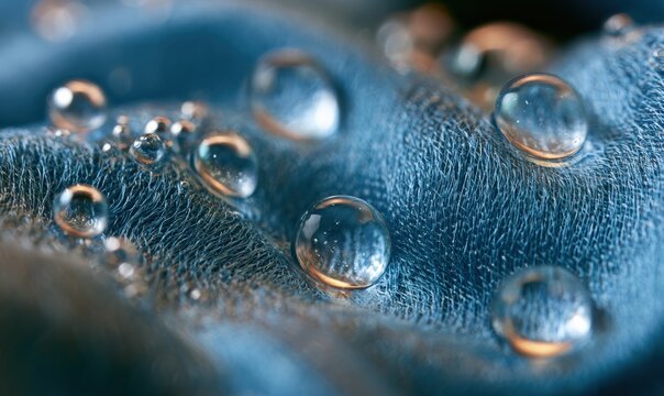 Close-up of dewy water beads on blue textile, natural light, abstract background