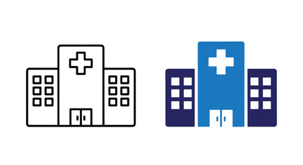 Naklejka premium Hospital building icons in two styles: Clipart, sticker - icon set - Line and glyph solid icon and logo template 