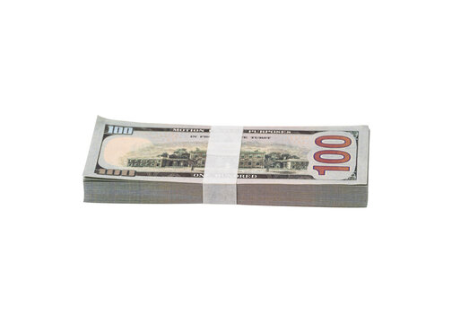 A neatly bundled stack of 100 US dollar bills, isolated on transparent. Concept for finance, banking, business, investment and economy. High-quality studio shot.