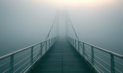 Fototapeta premium Suspended bridge vanishes into thick morning fog