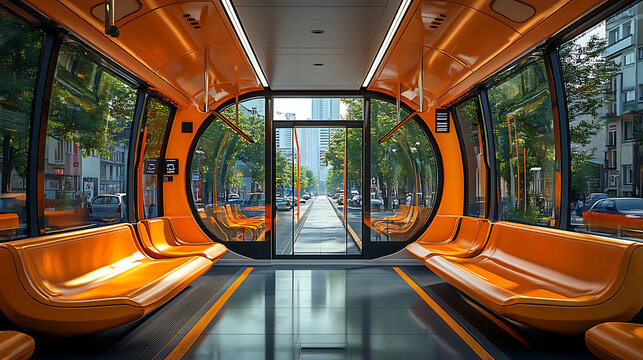 Public transportation design featuring priority seating with support rails and clear signage 