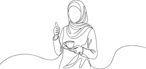 Fototapeta premium Continuous line drawing, Muslim woman in hijab holding coffee cup, giving thumbs up, minimalist vector illustration