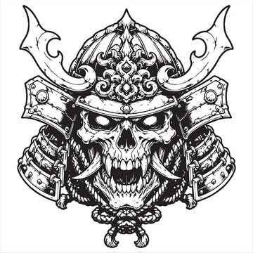 Scary Samurai Skull Helmet Vector Design Illustration With Fierce Expression and Intricate Details