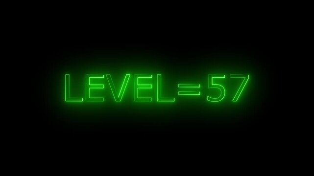 Abstract glowing neon level 57 animation on black background. motion graphic perfect for social media content	