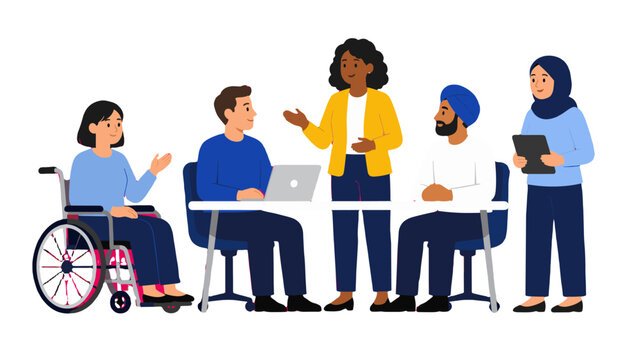Diverse team meeting with wheelchair user in flat vector style