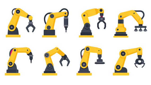 Set of industrial robotic arms with different tool attachments