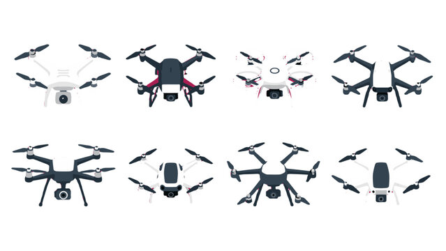 Set of quadcopter drones isolated on white background