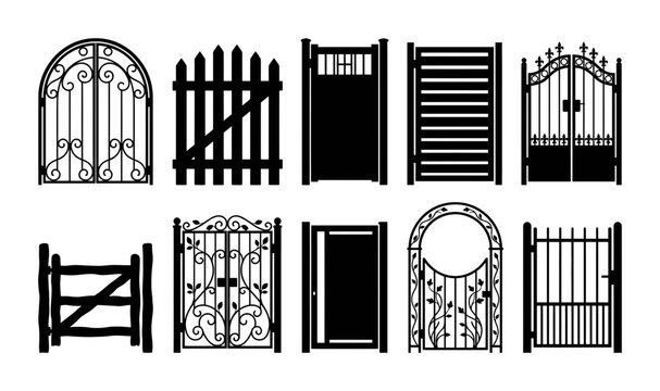 10 silhouette pack Garden Gates and Fence Doors icon pack with garden gate, fence, door, wrought iron, and entryway in black silhouette vector