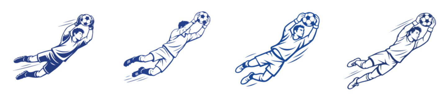 Vector line art of a goalkeeper jumping to catch the ball. Football championship theme. Vector, illustration, minimalist, flat, icon, icon set, line art