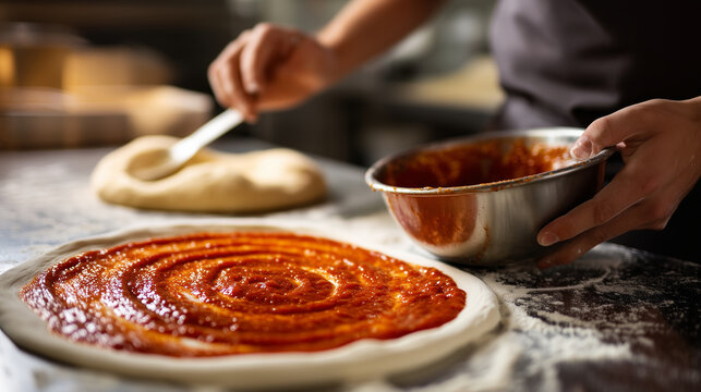 Professional pizza maker adding tomato sauce to raw dough in pizzeria kitchen, Italian restaurant cooking, fresh pizza preparation, handmade dough, artisan food, chef hands, flour