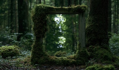 Fototapeta premium Weathered wooden frame covered with moss in a forest setting